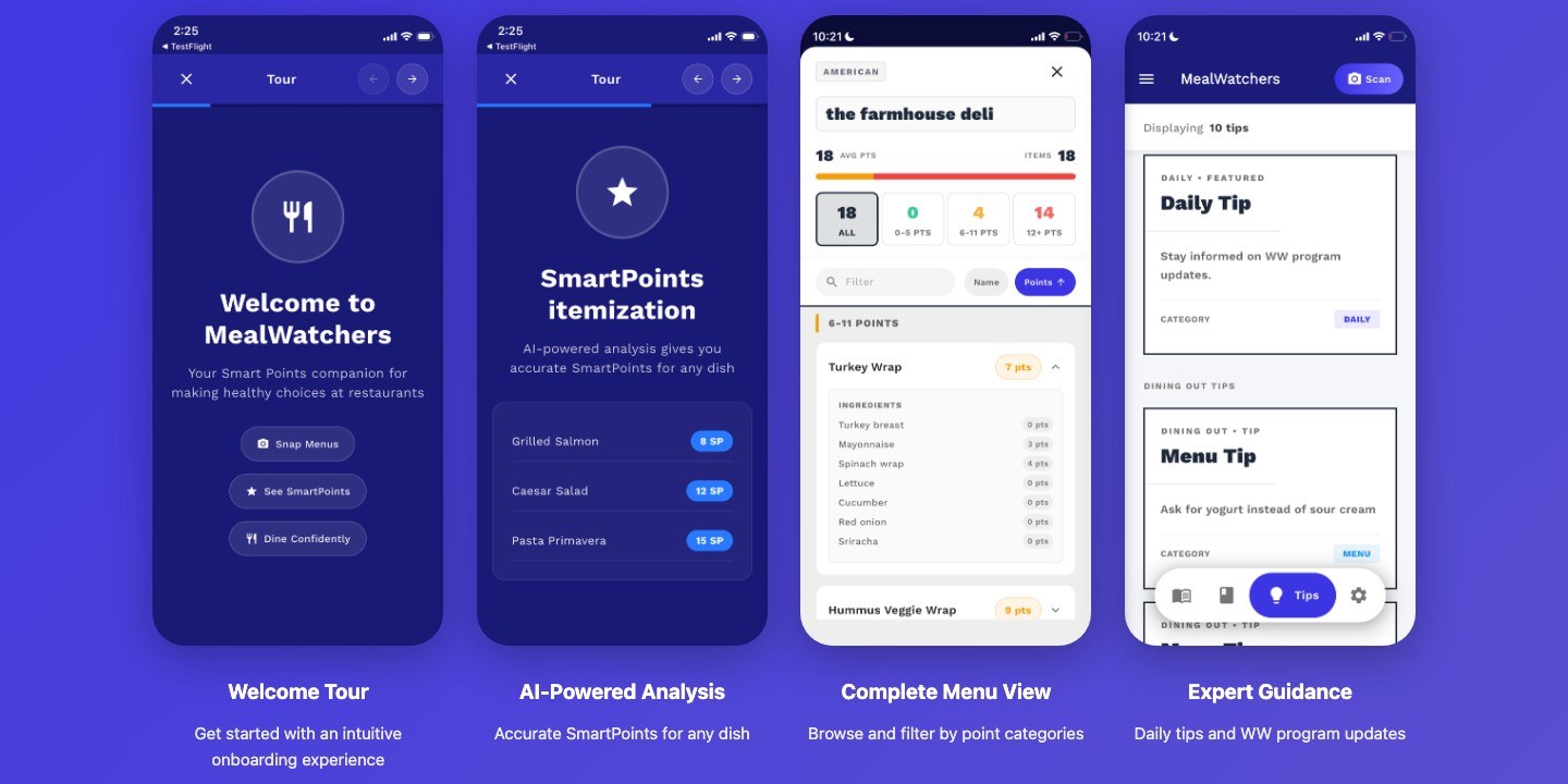 App screens: tour, menu, tips